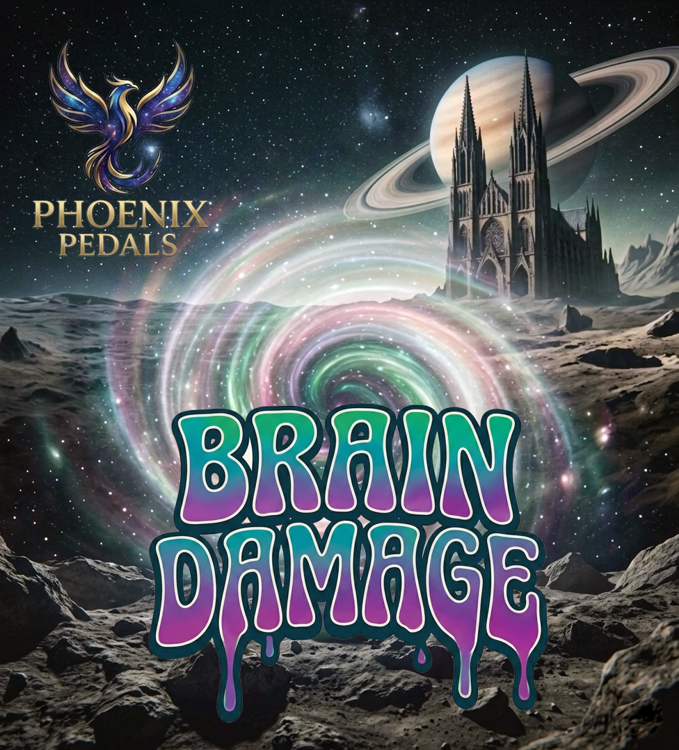 Brain Damage pedal artwork — a psychedelic swirl in space with a gothic cathedral
