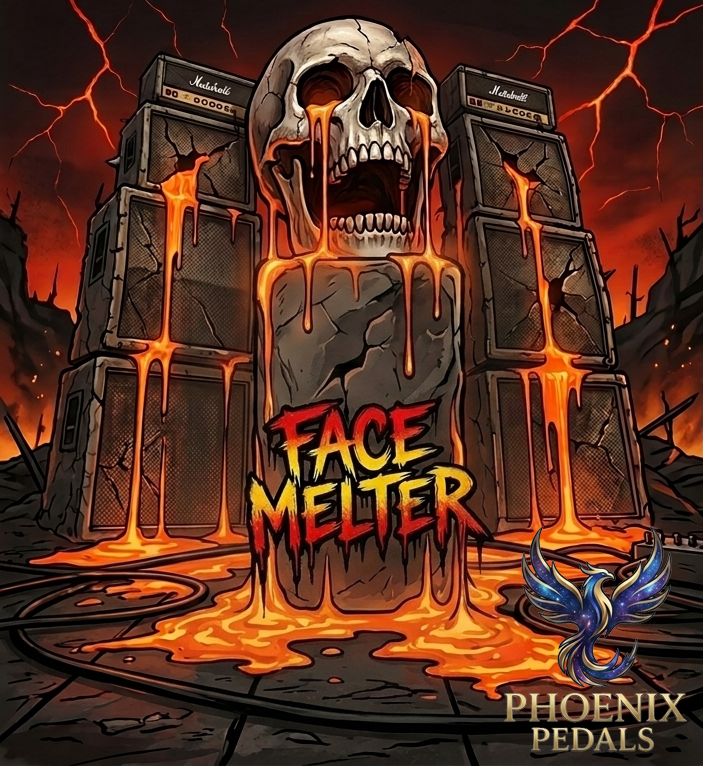 Face Melter pedal artwork — a molten skull dripping over stacked amps