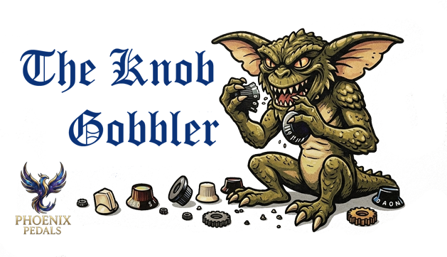 The Knob Gobbler pedal artwork — a gremlin-like creature chewing on amp knobs